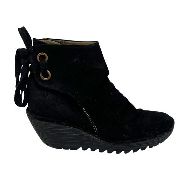 Fly London Yama Black Suede Wedge Booties Ankle Boots Size 40 US 9-9.5 - Picture 1 of 5
